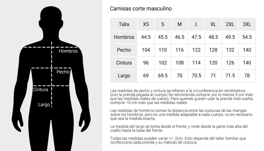 Tallas camisa corte masculino